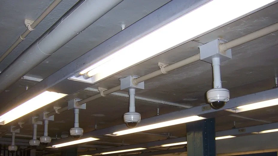 Ceiling-mounted surveillance cameras in a commercial interior.
